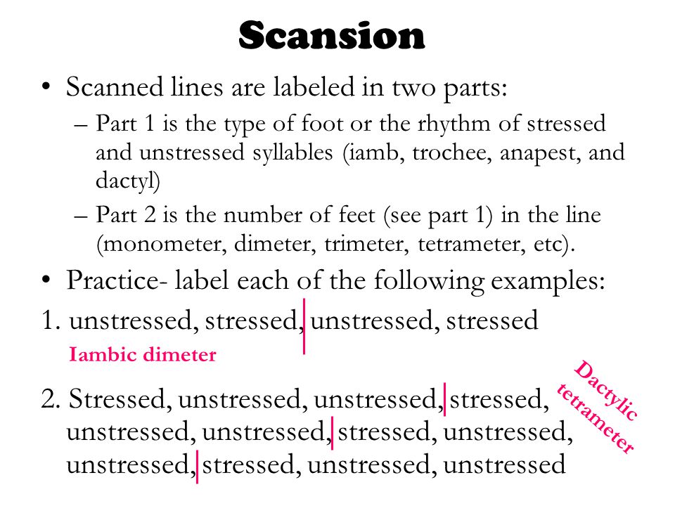 Scansion Scanned lines are labeled in two parts: –Part 1 is the type of foot or the rhythm of stressed and unstressed syllables (iamb, trochee, anapest, and dactyl) –Part 2 is the number of feet (see part 1) in the line (monometer, dimeter, trimeter, tetrameter, etc).