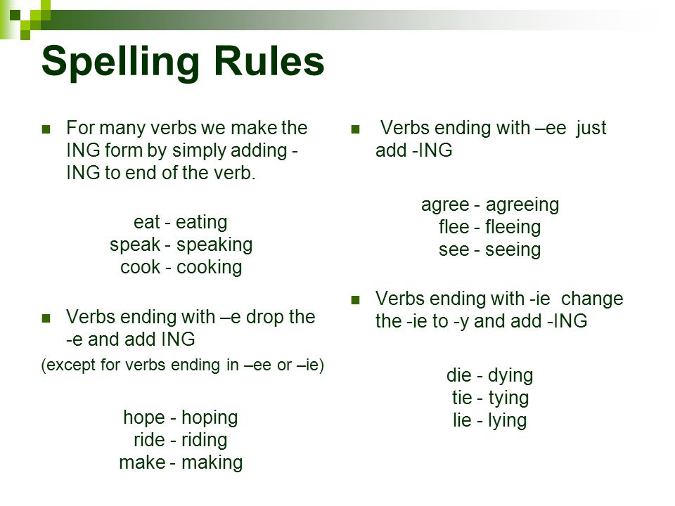 Spelling Rules For many verbs we make the ING form by simply adding - ING to end of the verb.