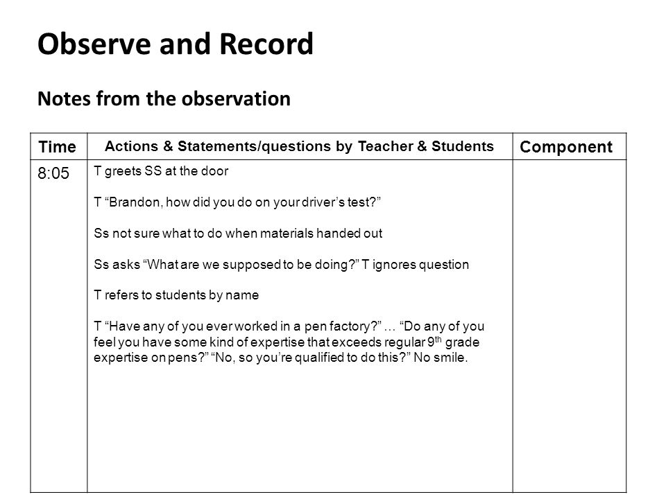 Observe and Record Notes from the observation Time Actions & Statements/questions by Teacher & Students Component 8:05 T greets SS at the door T Brandon, how did you do on your driver’s test Ss not sure what to do when materials handed out Ss asks What are we supposed to be doing T ignores question T refers to students by name T Have any of you ever worked in a pen factory … Do any of you feel you have some kind of expertise that exceeds regular 9 th grade expertise on pens No, so you’re qualified to do this No smile.