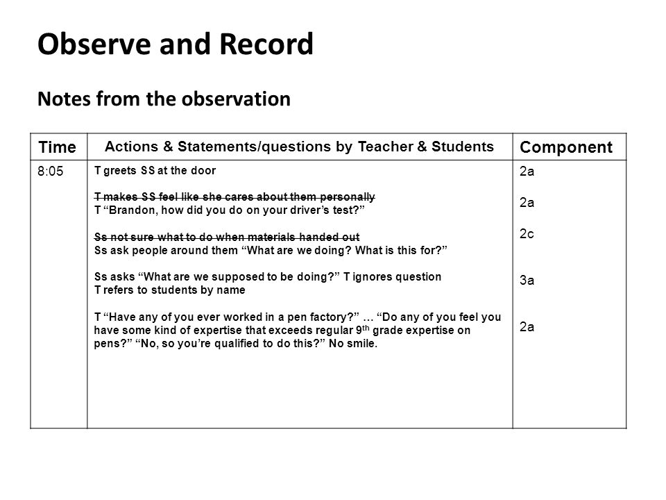 Observe and Record Notes from the observation Time Actions & Statements/questions by Teacher & Students Component 8:05 T greets SS at the door T makes SS feel like she cares about them personally T Brandon, how did you do on your driver’s test Ss not sure what to do when materials handed out Ss ask people around them What are we doing.