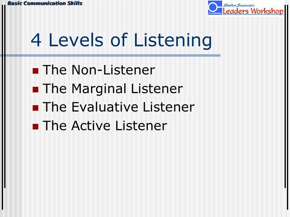Basic Communication Skills 4 Levels of Listening The Non-Listener The Marginal Listener The Evaluative Listener The Active Listener