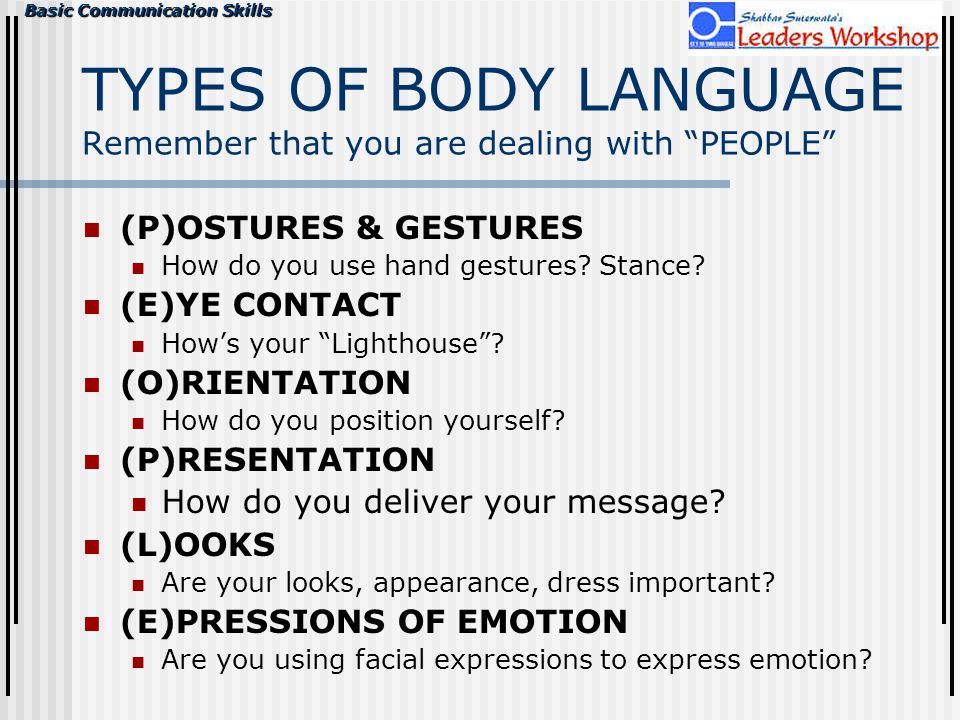 Basic Communication Skills TYPES OF BODY LANGUAGE Remember that you are dealing with PEOPLE (P)OSTURES & GESTURES How do you use hand gestures.