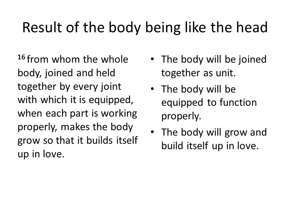 Result of the body being like the head 16 from whom the whole body, joined and held together by every joint with which it is equipped, when each part is working properly, makes the body grow so that it builds itself up in love.