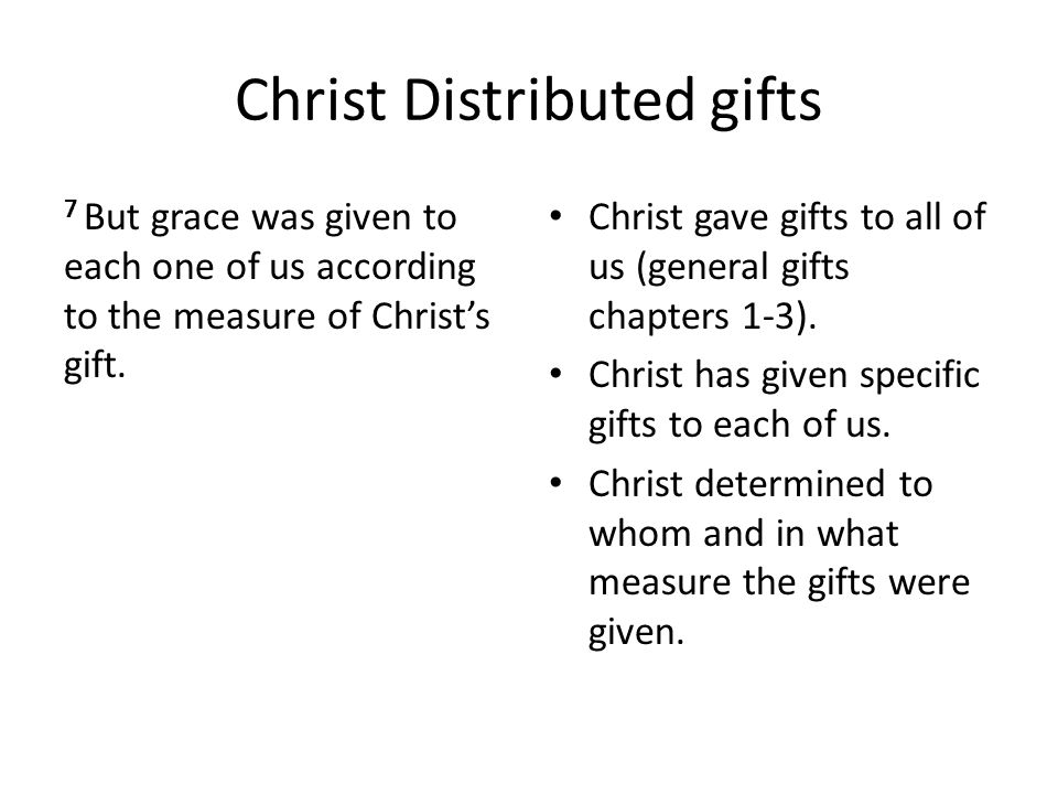 Christ Distributed gifts 7 But grace was given to each one of us according to the measure of Christ’s gift.