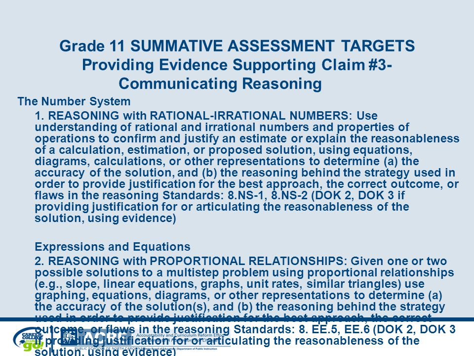 Grade 11 SUMMATIVE ASSESSMENT TARGETS Providing Evidence Supporting Claim #3- Communicating Reasoning The Number System 1.