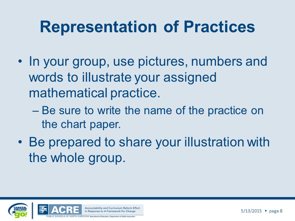 Representation of Practices In your group, use pictures, numbers and words to illustrate your assigned mathematical practice.