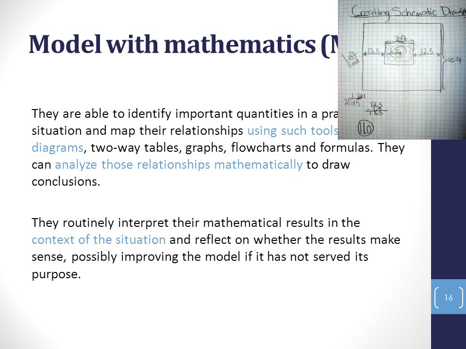 Model with mathematics (MP4) They are able to identify important quantities in a practical situation and map their relationships using such tools as diagrams, two-way tables, graphs, flowcharts and formulas.