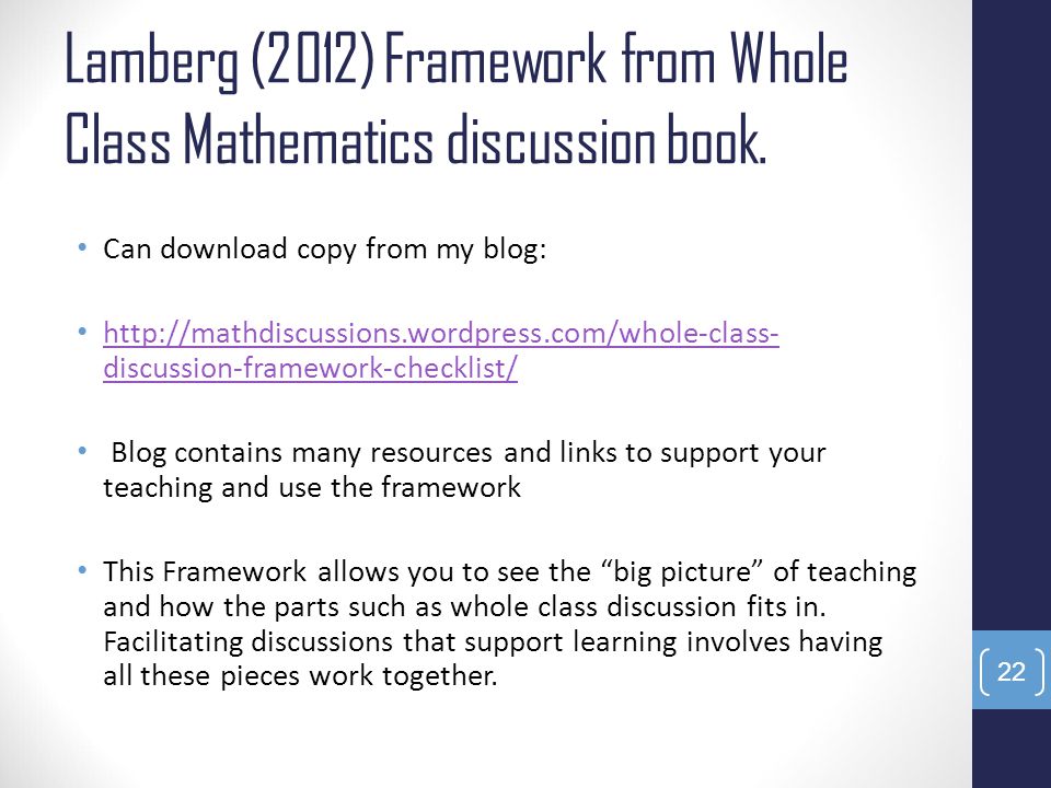 Lamberg (2012) Framework from Whole Class Mathematics discussion book.