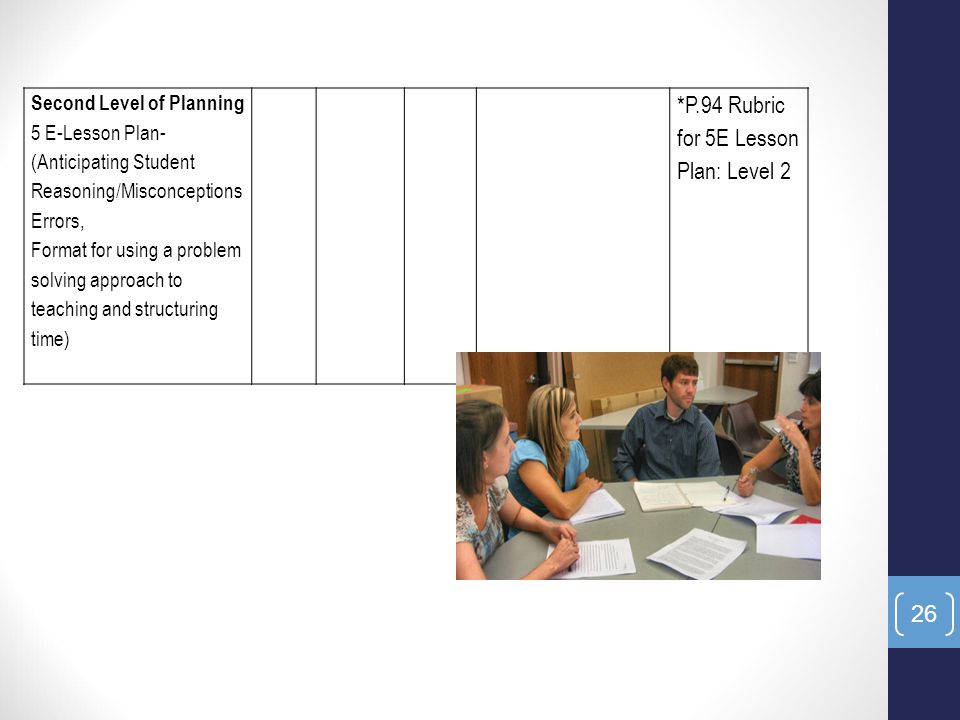 Second Level of Planning 5 E-Lesson Plan- (Anticipating Student Reasoning/Misconceptions Errors, Format for using a problem solving approach to teaching and structuring time) *P.94 Rubric for 5E Lesson Plan: Level 2 26