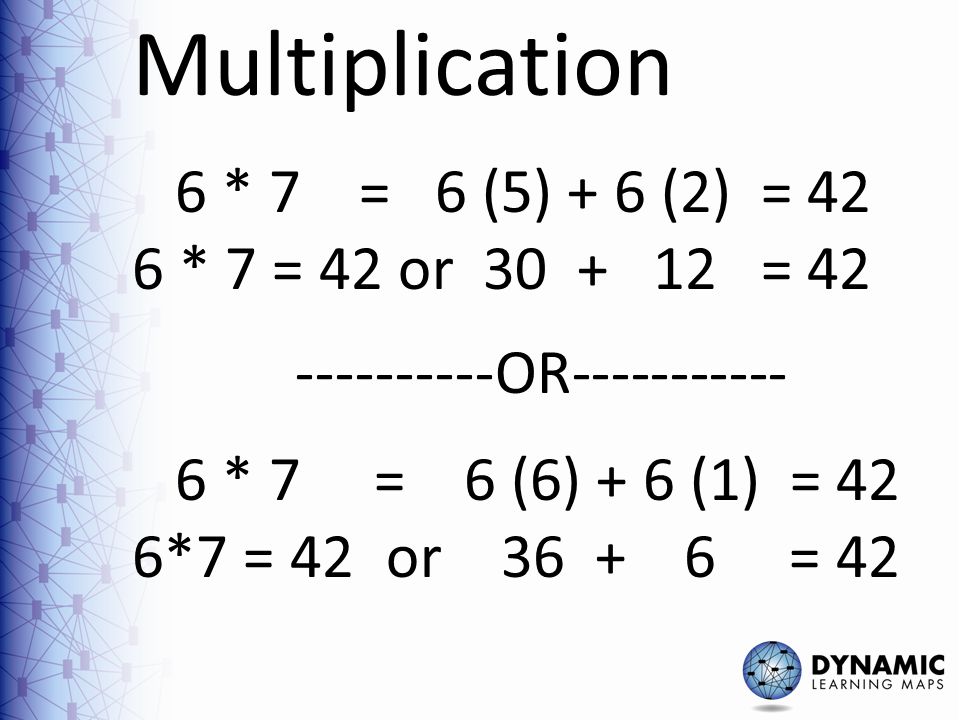 Multiplication 6 * 7 = 6 (5) + 6 (2) = 42 6 * 7 = 42 or = OR * 7 = 6 (6) + 6 (1) = 42 6*7 = 42 or = 42