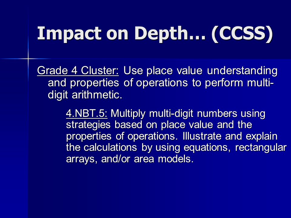 Impact on Depth… (CCSS) Grade 4 Cluster: Use place value understanding and properties of operations to perform multi- digit arithmetic.