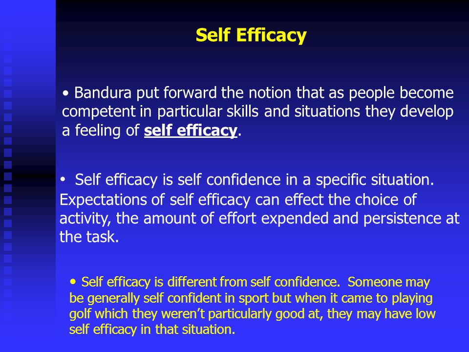 Self Efficacy Self efficacy is self confidence in a specific situation.