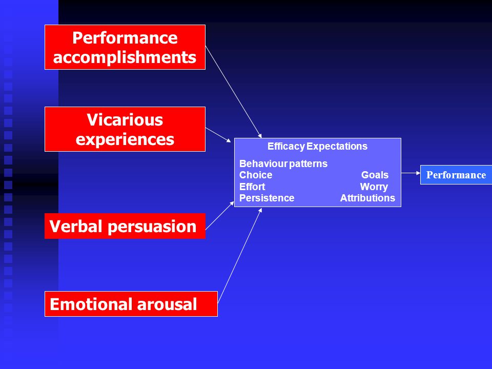 Performance Efficacy Expectations Behaviour patterns Choice Goals Effort Worry Persistence Attributions Performance accomplishments Emotional arousal Vicarious experiences Verbal persuasion