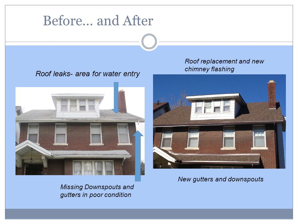 Before… and After Roof leaks- area for water entry Missing Downspouts and gutters in poor condition Roof replacement and new chimney flashing New gutters and downspouts