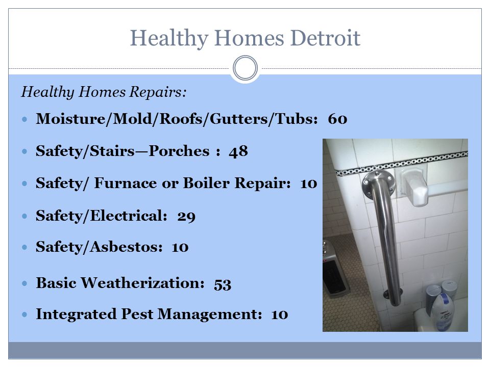 Healthy Homes Detroit Healthy Homes Repairs: Moisture/Mold/Roofs/Gutters/Tubs: 60 Safety/Stairs—Porches : 48 Safety/ Furnace or Boiler Repair: 10 Safety/Electrical: 29 Safety/Asbestos: 10 Basic Weatherization: 53 Integrated Pest Management: 10