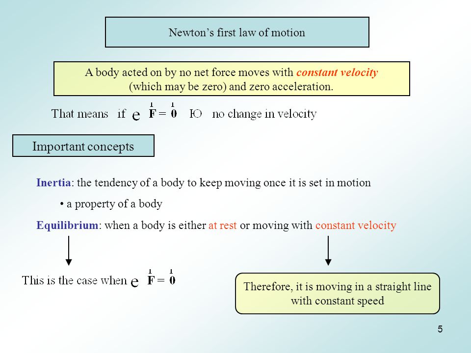 5 Newton’s first law of motion A body acted on by no net force moves with constant velocity (which may be zero) and zero acceleration.