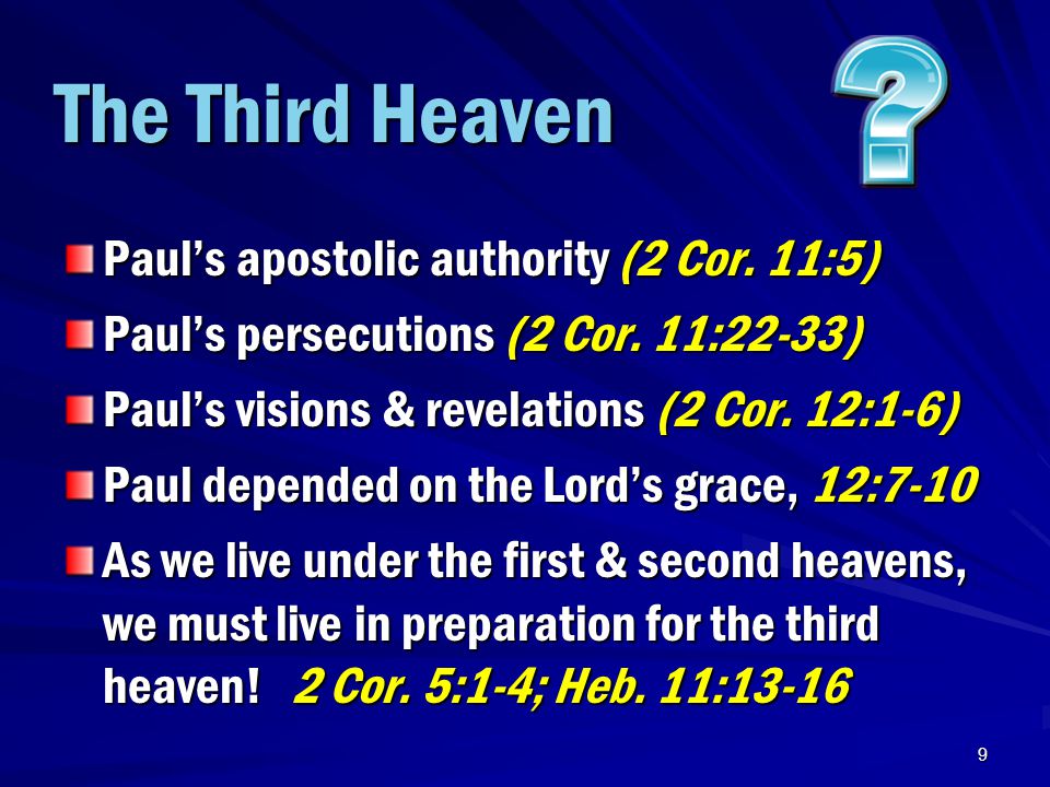 9 The Third Heaven Paul’s apostolic authority (2 Cor.