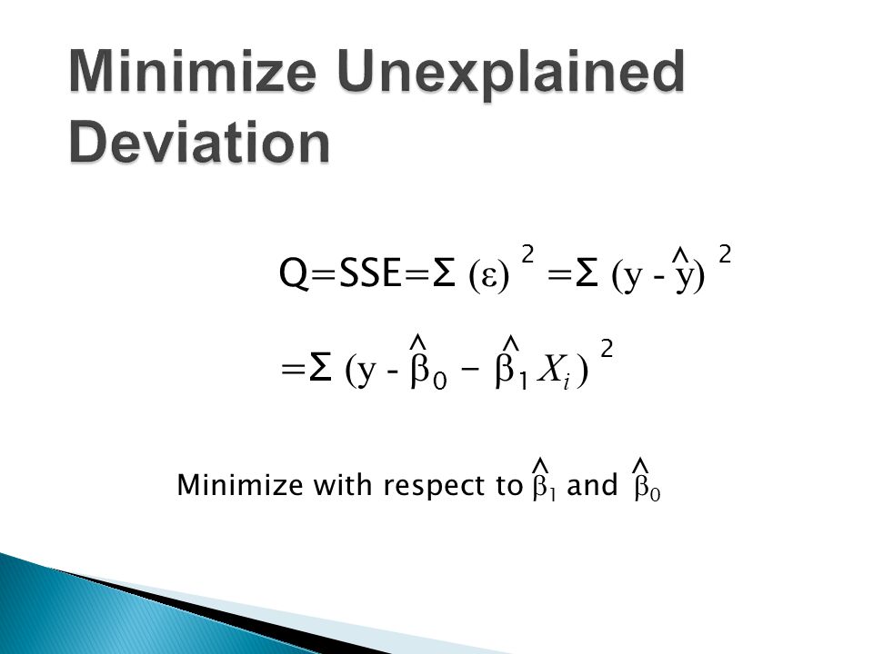 Q=SSE=Σ (ε) 2 =Σ (y - y) 2 ^ =Σ (y -  0 -  1 X i ) 2 ^ ^ Minimize with respect to  1 and  0 ^^