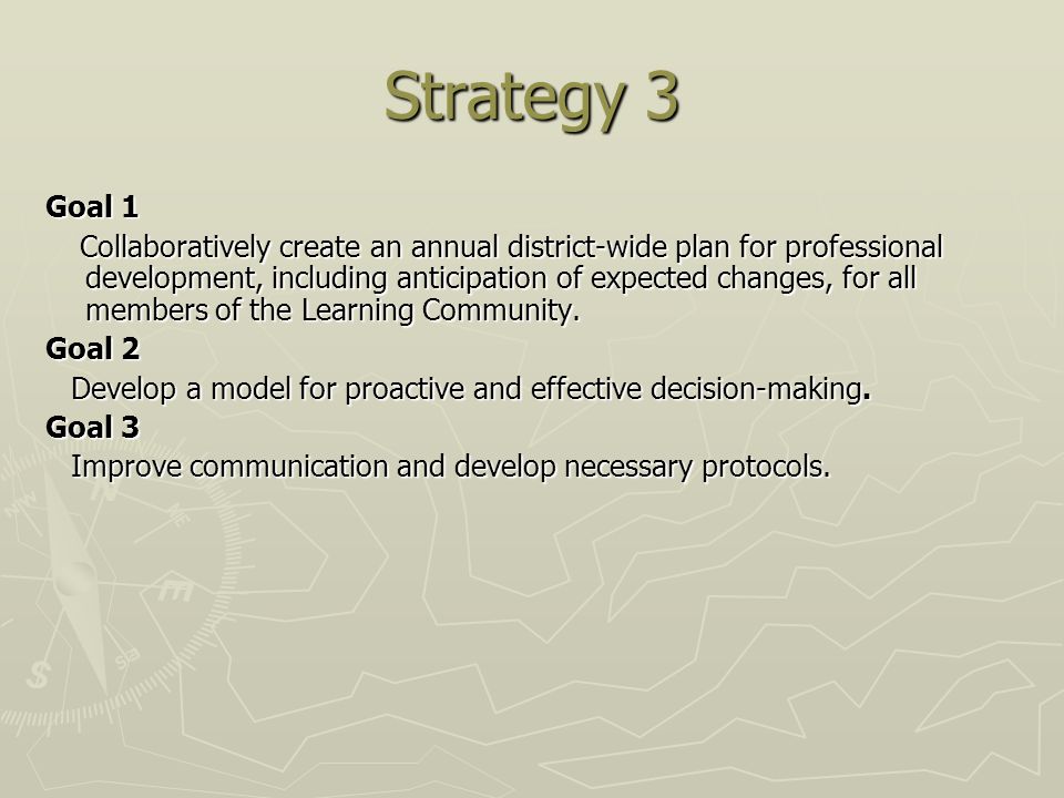 Strategy 3 Goal 1 Collaboratively create an annual district-wide plan for professional development, including anticipation of expected changes, for all members of the Learning Community.
