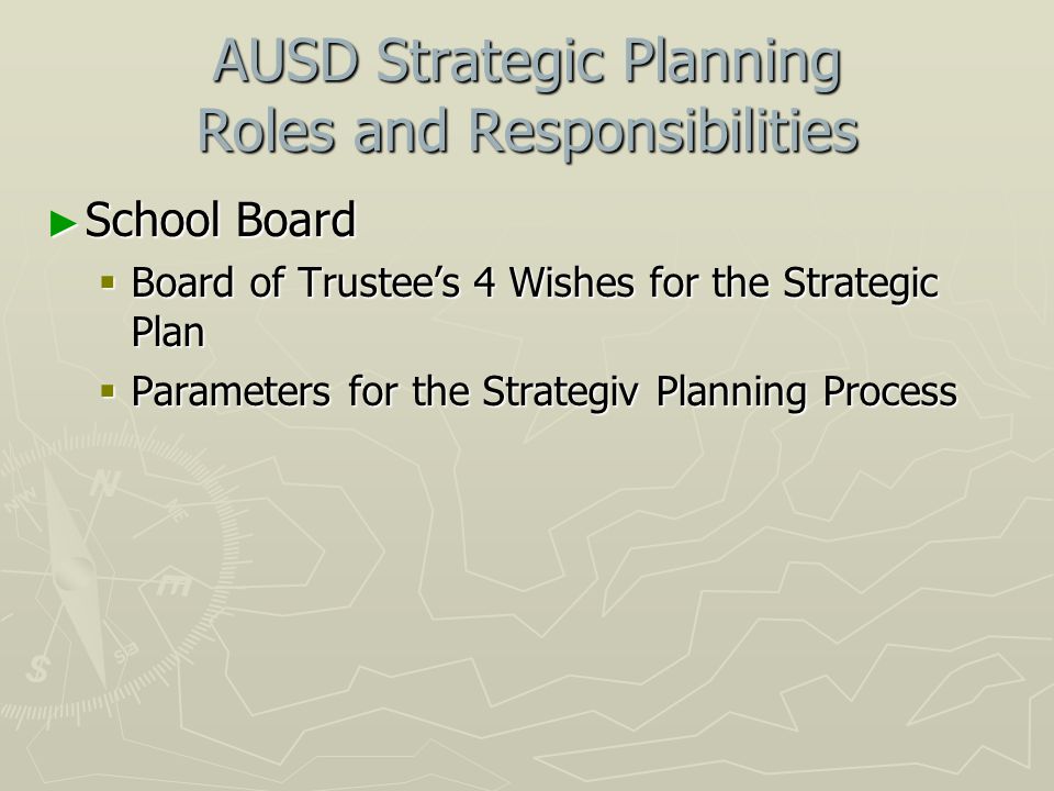 AUSD Strategic Planning Roles and Responsibilities ► School Board  Board of Trustee’s 4 Wishes for the Strategic Plan  Parameters for the Strategiv Planning Process