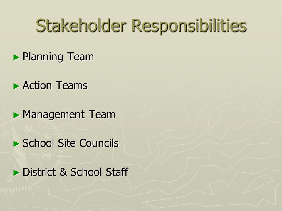 Stakeholder Responsibilities ► Planning Team ► Action Teams ► Management Team ► School Site Councils ► District & School Staff