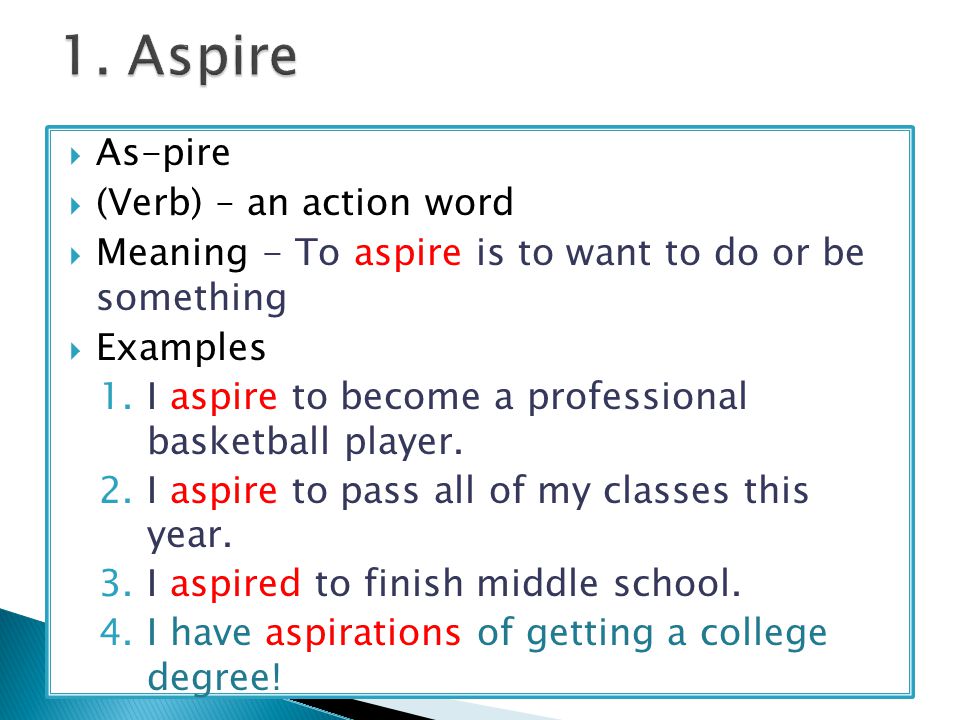 Vocabulary Workshop 1.  As-pire  (Verb) – an action word  Meaning - To  aspire is to want to do or be something  Examples 1.I aspire to become a  professional. - ppt download
