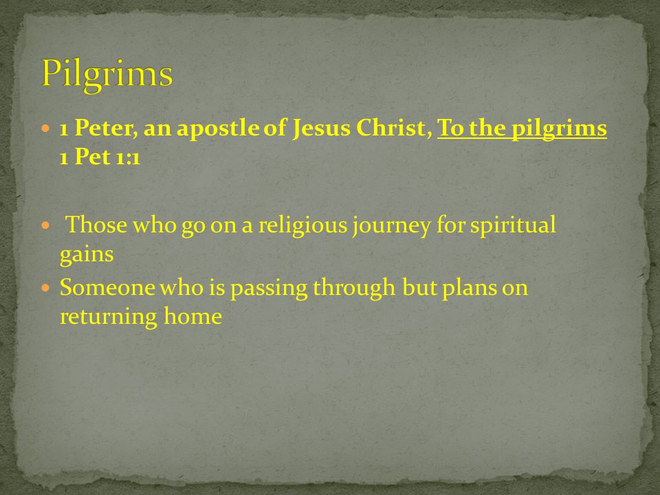 1 Peter, an apostle of Jesus Christ, To the pilgrims 1 Pet 1:1 Those who go on a religious journey for spiritual gains Someone who is passing through but plans on returning home