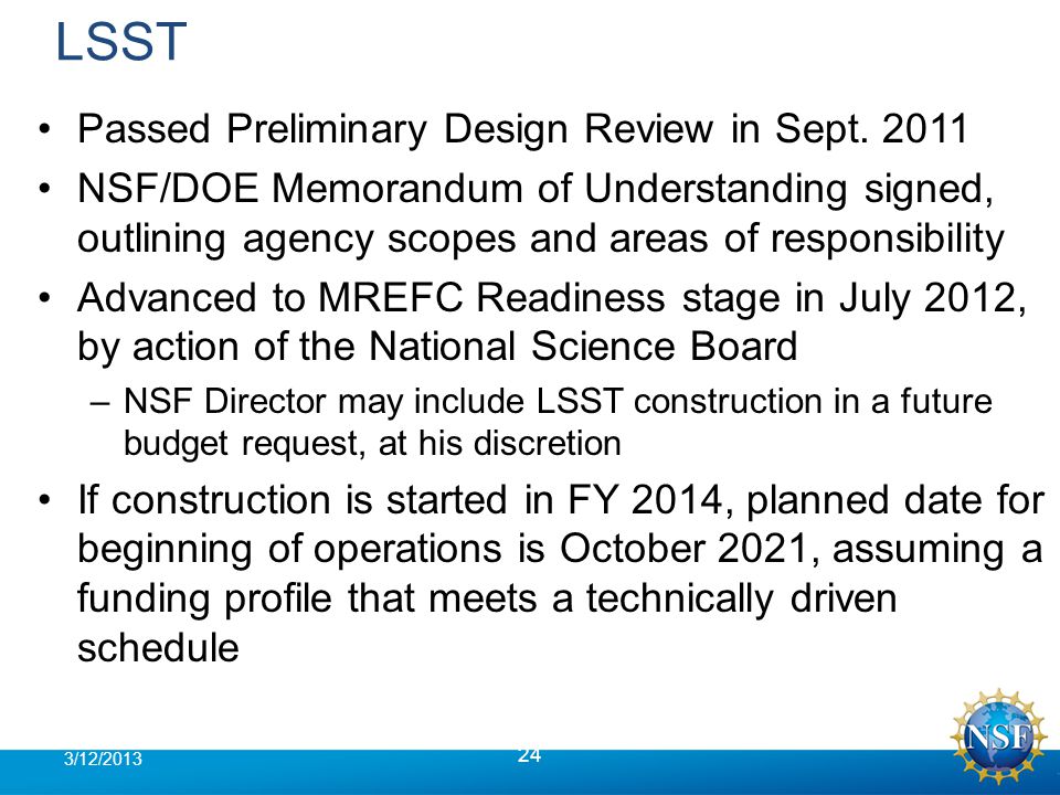 LSST Passed Preliminary Design Review in Sept.
