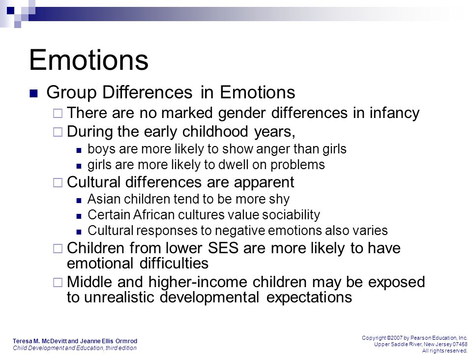 Emotions Group Differences in Emotions  There are no marked gender differences in infancy  During the early childhood years, boys are more likely to show anger than girls girls are more likely to dwell on problems  Cultural differences are apparent Asian children tend to be more shy Certain African cultures value sociability Cultural responses to negative emotions also varies  Children from lower SES are more likely to have emotional difficulties  Middle and higher-income children may be exposed to unrealistic developmental expectations Teresa M.