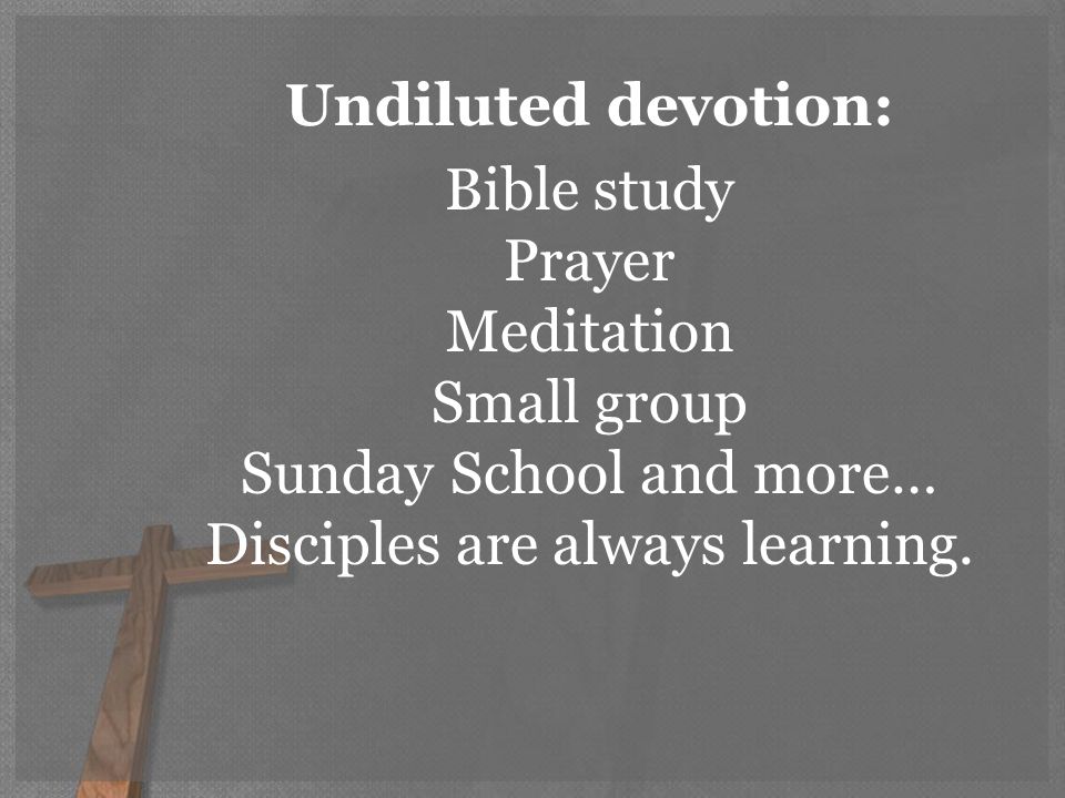 Undiluted devotion: Bible study Prayer Meditation Small group Sunday School and more… Disciples are always learning.