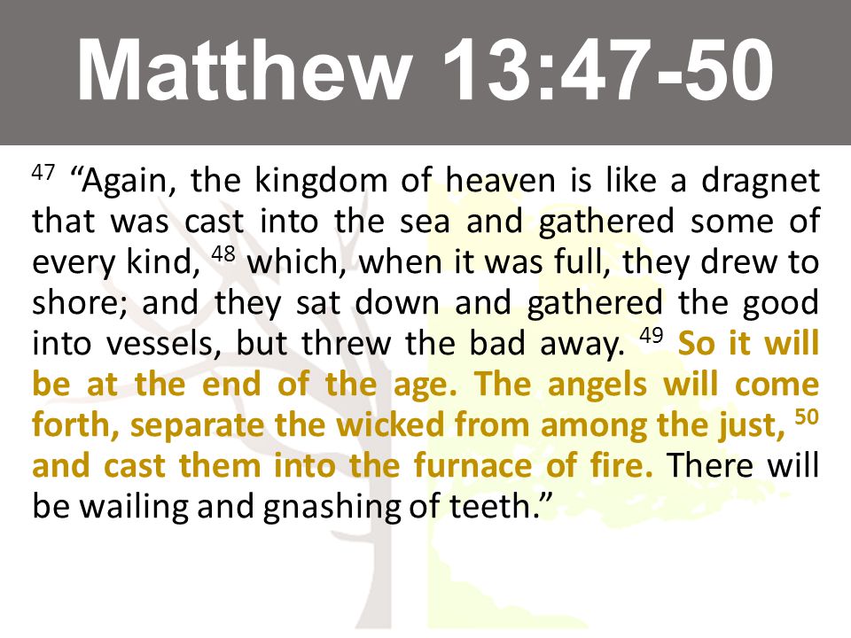 Matthew 13: Again, the kingdom of heaven is like a dragnet that was cast into the sea and gathered some of every kind, 48 which, when it was full, they drew to shore; and they sat down and gathered the good into vessels, but threw the bad away.