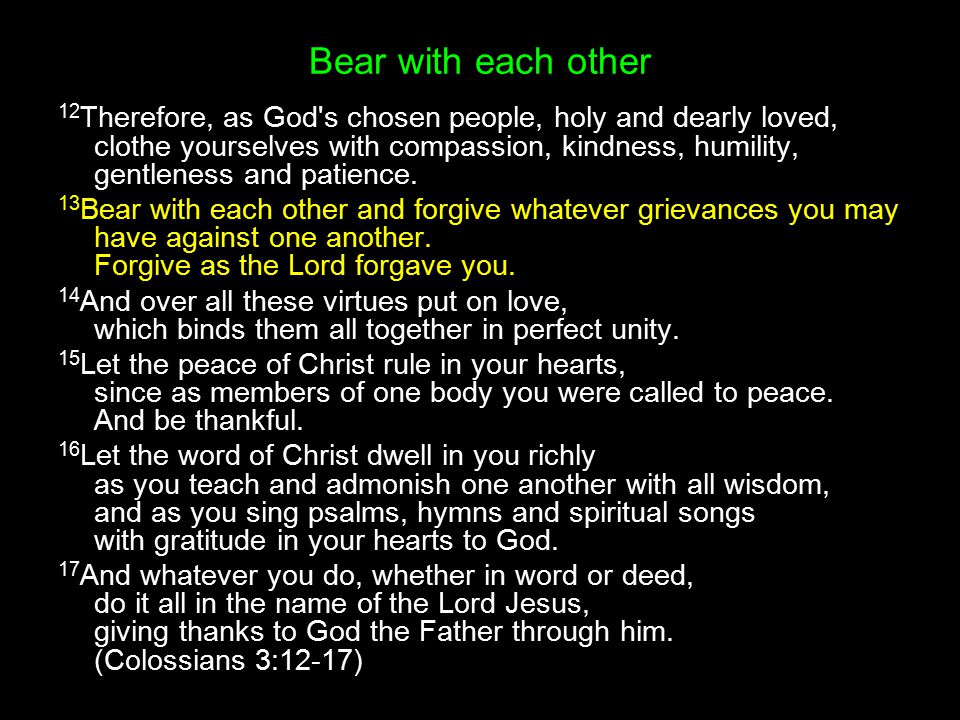 Bear with each other 12 Therefore, as God s chosen people, holy and dearly loved, clothe yourselves with compassion, kindness, humility, gentleness and patience.