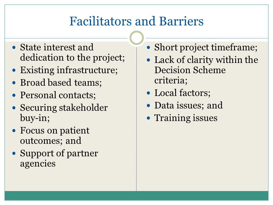 Facilitators and Barriers State interest and dedication to the project; Existing infrastructure; Broad based teams; Personal contacts; Securing stakeholder buy-in; Focus on patient outcomes; and Support of partner agencies Short project timeframe; Lack of clarity within the Decision Scheme criteria; Local factors; Data issues; and Training issues