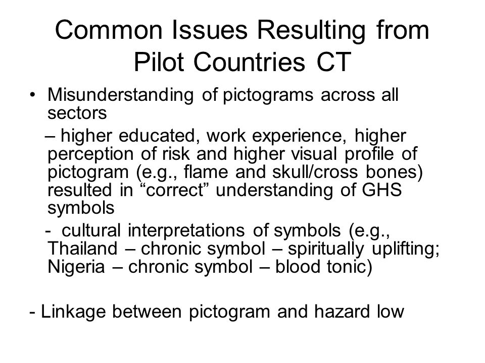 Common Issues Resulting from Pilot Countries CT Misunderstanding of pictograms across all sectors – higher educated, work experience, higher perception of risk and higher visual profile of pictogram (e.g., flame and skull/cross bones) resulted in correct understanding of GHS symbols - cultural interpretations of symbols (e.g., Thailand – chronic symbol – spiritually uplifting; Nigeria – chronic symbol – blood tonic) - Linkage between pictogram and hazard low