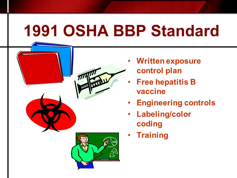 1991 OSHA BBP Standard Written exposure control plan Free hepatitis B vaccine Engineering controls Labeling/color coding Training