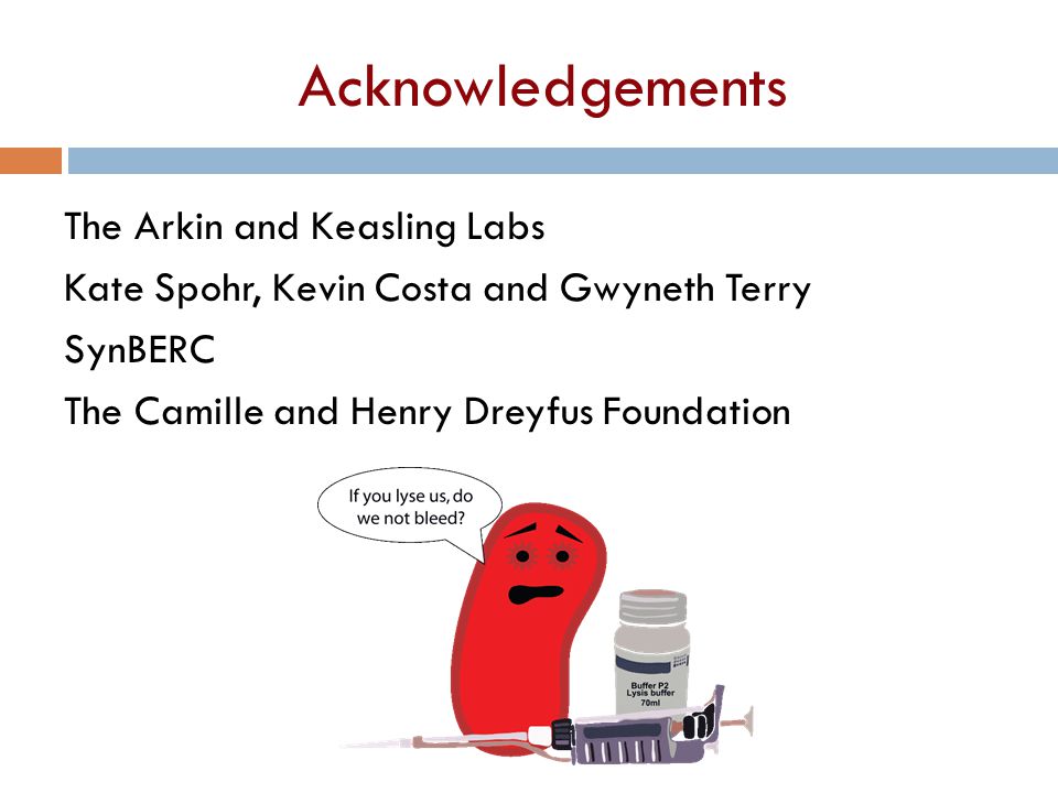 Acknowledgements The Arkin and Keasling Labs Kate Spohr, Kevin Costa and Gwyneth Terry SynBERC The Camille and Henry Dreyfus Foundation
