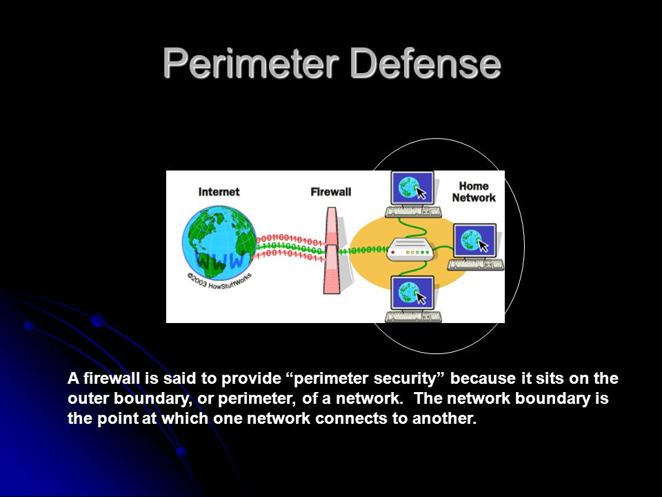 Perimeter Defense A firewall is said to provide perimeter security because it sits on the outer boundary, or perimeter, of a network.