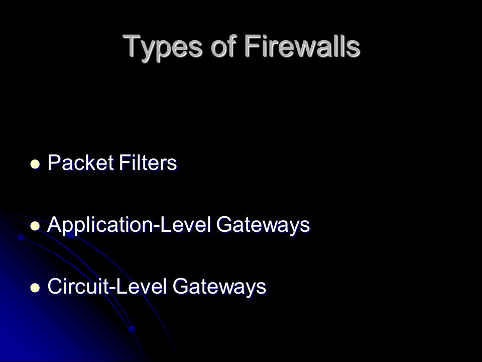 Types of Firewalls Packet Filters Packet Filters Application-Level Gateways Application-Level Gateways Circuit-Level Gateways Circuit-Level Gateways