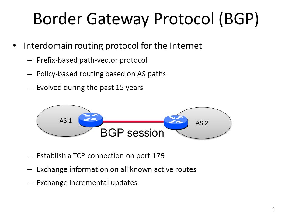 AS 2 AS 1 Border Gateway Protocol (BGP) Interdomain routing protocol for the Internet – Prefix-based path-vector protocol – Policy-based routing based on AS paths – Evolved during the past 15 years – Establish a TCP connection on port 179 – Exchange information on all known active routes – Exchange incremental updates 9 BGP session