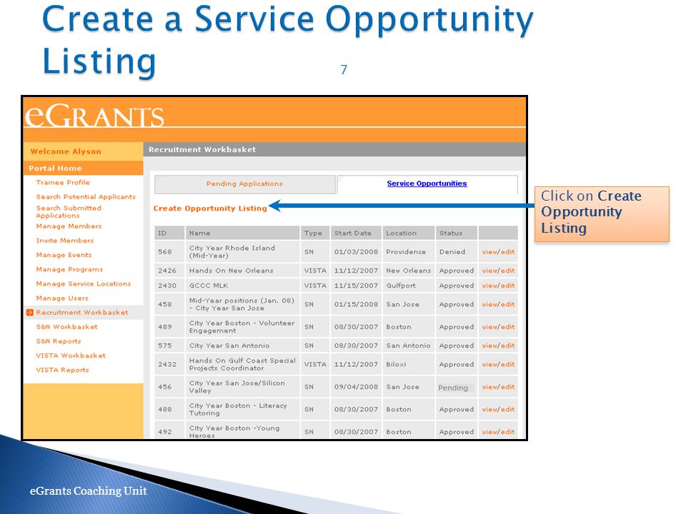 7 eGrants Coaching Unit Click on Create Opportunity Listing