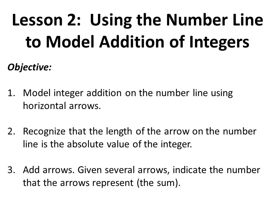 Lesson 2: Using the Number Line to Model Addition of Integers Objective: 1.Model integer addition on the number line using horizontal arrows.