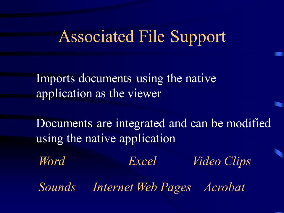 Associated File Support.DOC.XLS.PDF.AVI.WAV Microsoft Word Microsoft Excel Adobe Acrobat Video Player Sound Player