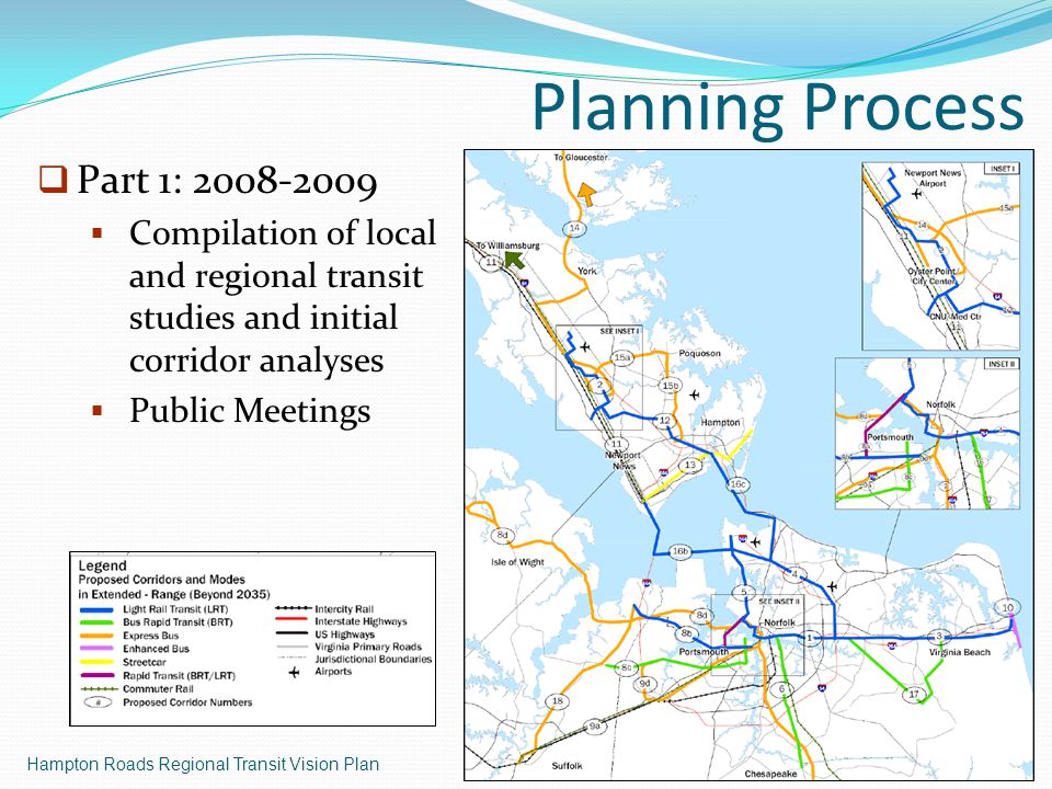 Planning Process Hampton Roads Regional Transit Vision Plan 8  Part 1:  Compilation of local and regional transit studies and initial corridor analyses  Public Meetings