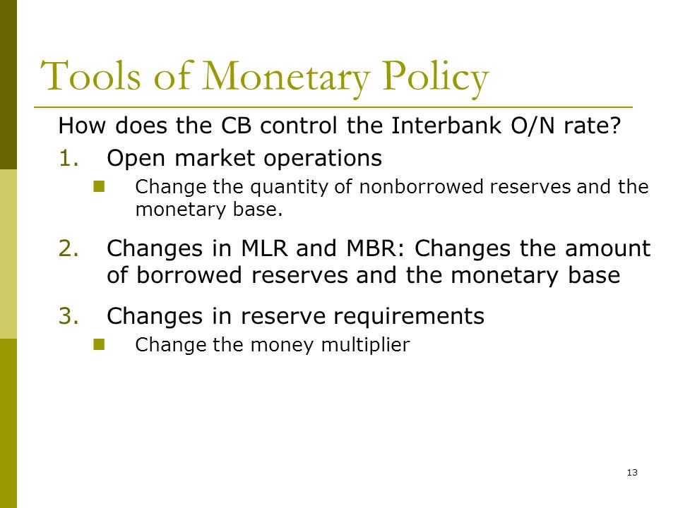 13 Tools of Monetary Policy How does the CB control the Interbank O/N rate.