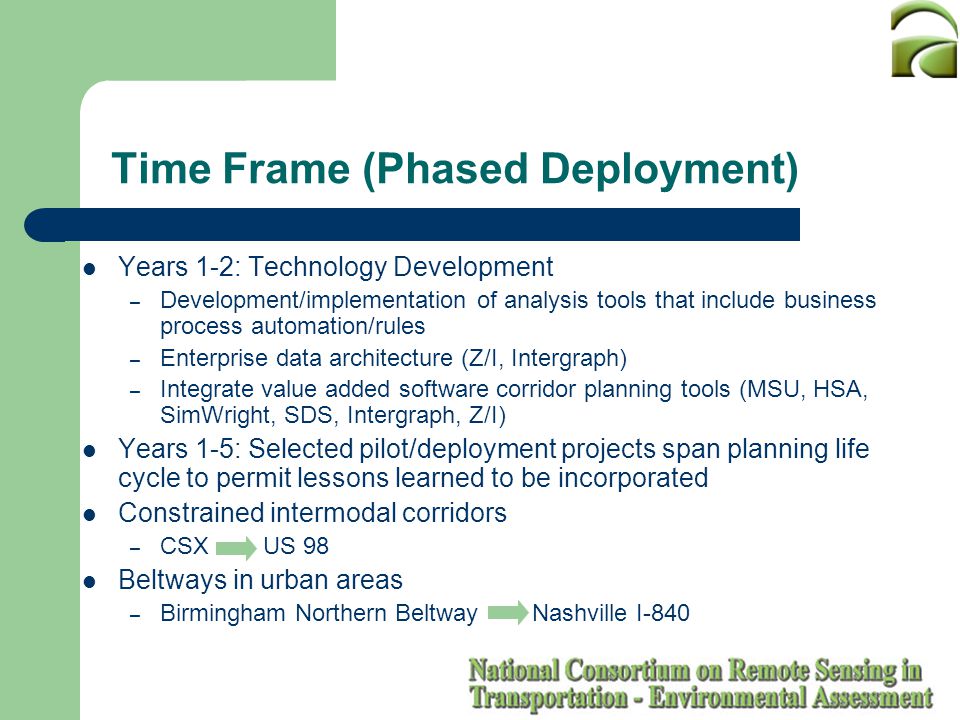 Time Frame (Phased Deployment) Years 1-2: Technology Development – Development/implementation of analysis tools that include business process automation/rules – Enterprise data architecture (Z/I, Intergraph) – Integrate value added software corridor planning tools (MSU, HSA, SimWright, SDS, Intergraph, Z/I) Years 1-5: Selected pilot/deployment projects span planning life cycle to permit lessons learned to be incorporated Constrained intermodal corridors – CSX US 98 Beltways in urban areas – Birmingham Northern Beltway Nashville I-840