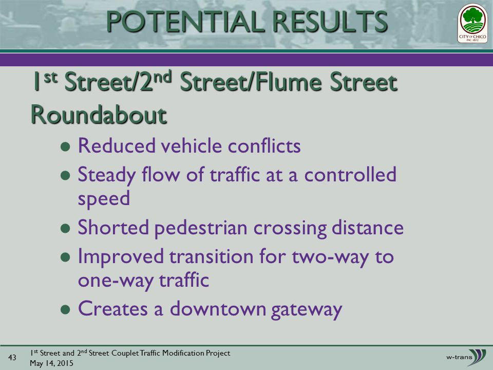 1 st Street/2 nd Street/Flume Street Roundabout Reduced vehicle conflicts Steady flow of traffic at a controlled speed Shorted pedestrian crossing distance Improved transition for two-way to one-way traffic Creates a downtown gateway 1 st Street and 2 nd Street Couplet Traffic Modification Project May 14, POTENTIAL RESULTS