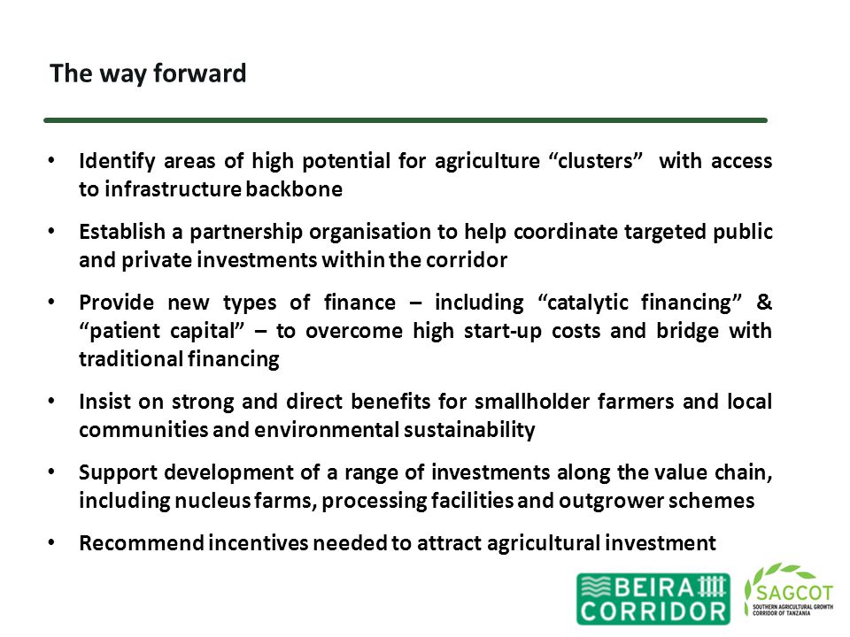 The way forward Identify areas of high potential for agriculture clusters with access to infrastructure backbone Establish a partnership organisation to help coordinate targeted public and private investments within the corridor Provide new types of finance – including catalytic financing & patient capital – to overcome high start-up costs and bridge with traditional financing Insist on strong and direct benefits for smallholder farmers and local communities and environmental sustainability Support development of a range of investments along the value chain, including nucleus farms, processing facilities and outgrower schemes Recommend incentives needed to attract agricultural investment
