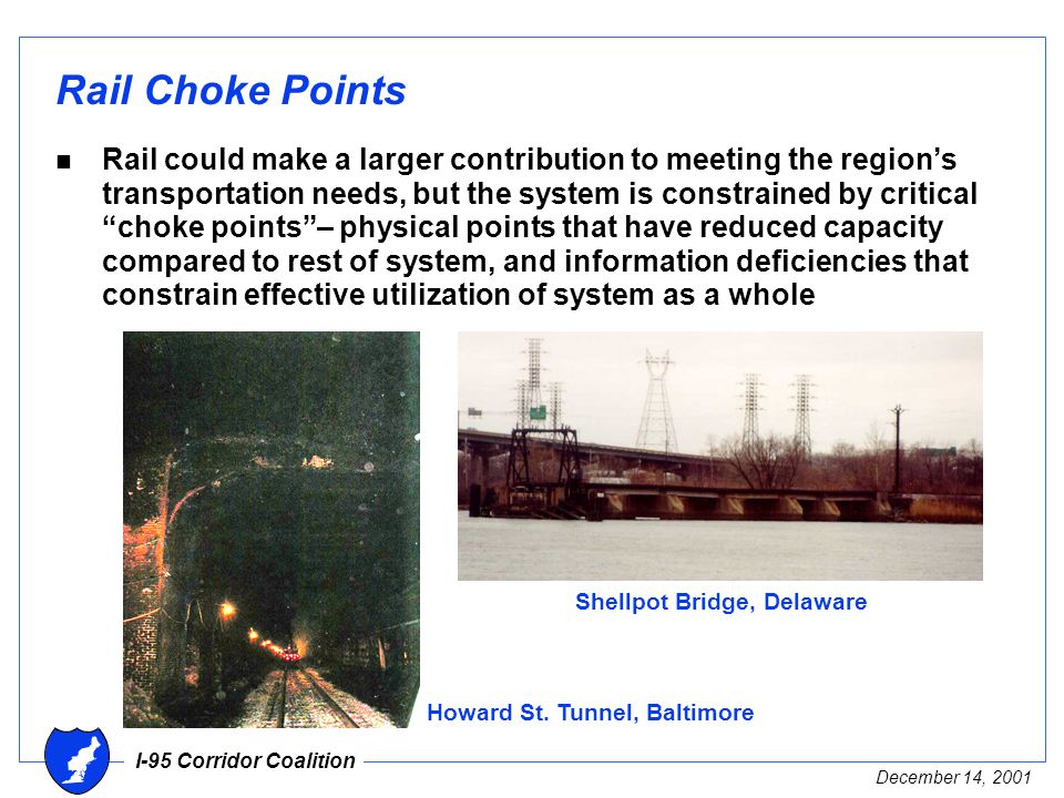 I-95 Corridor Coalition December 14, 2001 Rail Choke Points n Rail could make a larger contribution to meeting the region’s transportation needs, but the system is constrained by critical choke points – physical points that have reduced capacity compared to rest of system, and information deficiencies that constrain effective utilization of system as a whole Howard St.
