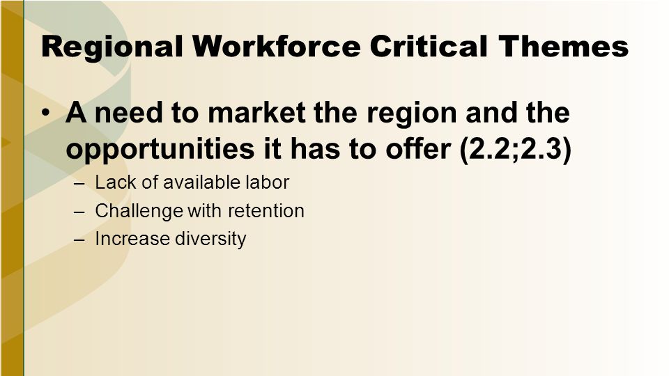 Regional Workforce Critical Themes A need to market the region and the opportunities it has to offer (2.2;2.3) –Lack of available labor –Challenge with retention –Increase diversity