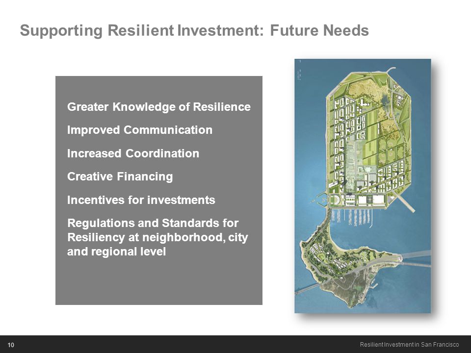 10 Resilient Investment in San Francisco Supporting Resilient Investment: Future Needs Greater Knowledge of Resilience o Improved Communication o Increased Coordination o Creative Financing o Incentives for investments o Regulations and Standards for Resiliency at neighborhood, city and regional level